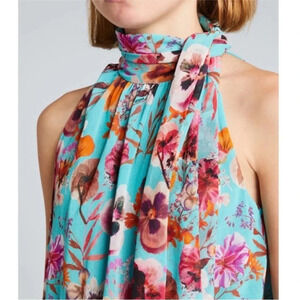 Fuzzi blue floral high neck sleeveless swing top sz sm